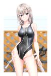  1girl absurdres bangs bicycle black_swimsuit blue_eyes blurry blurry_background breasts competition_swimsuit contrapposto cowboy_shot girls_und_panzer ground_vehicle highres itsumi_erika light_smile looking_at_viewer medium_breasts medium_hair multicolored_clothes multicolored_swimsuit one-piece_swimsuit silver_hair solo standing striped striped_swimsuit swimsuit takafumi 