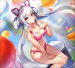  1girl ahoge balloon bangs bikini blurry blurry_foreground blush bow bow_bikini breasts cleavage closed_mouth collarbone eyebrows_visible_through_hair floating_hair groin hair_between_eyes hairband inari_kei long_hair looking_at_viewer matoi_(pso2) medium_breasts navel phantasy_star phantasy_star_online_2 pink_bikini pink_bow pink_hairband red_eyes shiny shiny_hair side-tie_bikini silver_hair sitting smile solo swimsuit very_long_hair 