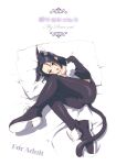  1girl animal_ears bangs black_eyes black_hair cat_ears cat_tail catsuit choco_(moyasi) commentary_request kujou_subaru lying on_side open_mouth parted_bangs pillow pom_pom_(clothes) sakura_taisen_v solo tail 