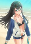  1girl beach bikini black-framed_eyewear black_bikini black_hair breasts collarbone flip-flops glasses green_eyes halterneck highres holding holding_shoes jacket jacket_over_swimsuit kantai_collection long_hair long_sleeves mikan_29344886 navel ooyodo_(kancolle) sandals sandals_removed semi-rimless_eyewear shoes side-tie_bikini small_breasts smile solo string_bikini swimsuit 