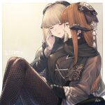  2girls au_ra avatar_(ffxiv) bangs blonde_hair bow brown_hair closed_eyes commission dragon_horns final_fantasy final_fantasy_xiv fishnet_legwear fishnets green_eyes hair_bow hair_ornament highres horns ivris long_hair looking_at_another multiple_girls pantyhose scales scarf sitting skeb_commission smile 