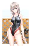  1girl absurdres bangs bicycle black_swimsuit blue_eyes blurry blurry_background breasts competition_swimsuit contrapposto cowboy_shot girls_und_panzer ground_vehicle highres itsumi_erika light_smile looking_at_viewer medium_breasts medium_hair multicolored_clothes multicolored_swimsuit one-piece_swimsuit silver_hair solo standing striped striped_swimsuit swimsuit takafumi 