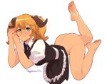  1girl aletta artist_name ass bangs barefoot blonde_hair bottomless commentary english_commentary feet frills full_body green_eyes hair_between_eyes horns isekai_shokudou long_hair looking_at_viewer maid own_hands_together puffy_short_sleeves puffy_sleeves short_sleeves simple_background smile soles solo squeezable_(artist) toes white_background 