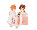  2boys blue_eyes bow brown_hair cardigan closed_mouth commentary cropped_torso drawstring drink earrings frappuccino genshin_impact hair_bow highres holding holding_drink hood hood_down hoodie jewelry long_hair long_sleeves looking_at_another male_focus multiple_boys open_mouth orange_eyes orange_hair pink_cardigan red_bow saber_beam shirt short_hair simple_background smile tartaglia_(genshin_impact) upper_body white_background white_hoodie white_shirt zhongli_(genshin_impact) 