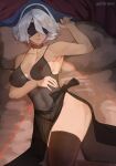  armpits ass black_hairband black_panties blindfold blue_eyes boots breasts choker cleavage covered_navel covered_nipples dress gelldraws gown hairband highres large_breasts nier_(series) nier_automata no_bra on_bed panties sheer_clothes short_hair side_slit silver_hair thigh_boots thighhighs thighs underwear yorha_no._2_type_b 