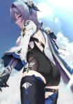  1girl ashino_moto ass backless_leotard black_gloves blue_sky breasts cloud cloudy_sky day eula_(genshin_impact) from_behind from_below genshin_impact gloves hairband highres leotard long_sleeves looking_at_viewer open_mouth sky solo thigh_strap thighhighs vambraces 
