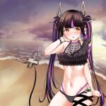  1girl alternate_costume bangs beach bikini black_bikini black_hair blurry blurry_background blush breasts cloud commentary_request contrapposto cowboy_shot dameyoshi demon_girl demon_horns demon_tail eyebrows_visible_through_hair fisheye frilled_bikini frills hand_on_own_neck heart highres horizon horns kojo_anna long_hair looking_to_the_side medium_breasts multicolored_hair navel ocean open_mouth outdoors pointy_ears purple_eyes solo sugar_lyric sunset swimsuit tail twintails two-tone_hair virtual_youtuber water yellow_eyes 
