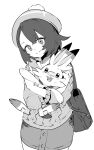  1girl :d backpack bag bangs blush cardigan closed_mouth ddari dress eyebrows_visible_through_hair gloria_(pokemon) greyscale hat head_tilt highres long_sleeves looking_at_viewer monochrome pokemon pokemon_(creature) pokemon_(game) pokemon_swsh scorbunny simple_background smile tam_o&#039;_shanter teeth upper_teeth white_background 