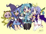  4girls :3 :d animal_costume animal_hood bangs blue_hair blue_sailor_collar blue_skirt boots bow bow_hairband cape cloak commentary_request cosplay cosplay_request dated eyebrows_visible_through_hair friends frog_costume frog_hood glasses gloves green_eyes green_hair green_necktie grey_shirt hair_between_eyes hair_bow hairband hat hatsune_miku hatsune_miku_(cosplay) hiiragi_kagami hiiragi_tsukasa holding holding_hands holding_staff hood hood_up izumi_konata jumping kita_high_school_uniform long_hair long_sleeves looking_at_viewer lucky_star magical_girl mole mole_under_eye multiple_girls nagato_yuki nagato_yuki_(cosplay) necktie open_mouth pink_hair purple_eyes purple_hair red_ribbon ribbon sailor_collar satoda_shouji school_uniform serafuku shirt siblings signature simple_background sisters skirt sleeveless sleeveless_shirt smile staff suzumiya_haruhi_no_yuuutsu sweatdrop takara_miyuki thigh_boots thighhighs twintails vocaloid white_shirt witch_hat yellow_background yellow_bow yellow_hairband 