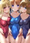  3girls black_leotard blonde_hair blue_eyes blue_leotard breast_press breasts breath brown_hair collarbone commentary_request covered_navel fate_testarossa gymnastics hair_ornament hairclip highleg highleg_leotard impossible_clothes impossible_leotard large_breasts leotard long_hair looking_at_viewer lyrical_nanoha mahou_shoujo_lyrical_nanoha mahou_shoujo_lyrical_nanoha_strikers medium_breasts multiple_girls red_eyes red_leotard rhythmic_gymnastics sen_(sansui) shiny short_hair standing sweat takamachi_nanoha x_hair_ornament yagami_hayate 