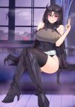  1girl black_hair black_legwear blush boots breasts covered_navel crossed_legs curtains dinergate_(girls&#039;_frontline) executioner_(girls&#039;_frontline) eyebrows_visible_through_hair girls&#039;_frontline green_nails high_heel_boots high_heels highres indoors large_breasts long_hair mechanical_arms nail_polish off_shoulder popoman purple_eyes sangvis_ferri single_mechanical_arm sitting sleeveless smile solo thighhighs tongue tongue_out window 