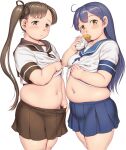  2girls ayanami_(kancolle) bangs blue_hair blue_skirt blush brown_eyes brown_hair brown_skirt clothes_lift collarbone commentary_request cowboy_shot eating fat food head_tilt highres holding holding_food kantai_collection lifted_by_self long_hair looking_at_viewer looking_to_the_side midriff muffin_top multiple_girls navel obese orizen parted_lips pleated_skirt plump sailor_collar shirt_lift short_hair_with_long_locks short_sleeves simple_background skirt tareme thick_arms ushio_(kancolle) white_background wrapper 