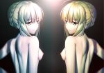  2girls absurdres ahoge artoria_pendragon_(fate) back bangs besmiled blonde_hair braid breasts colored_skin eyebrows_visible_through_hair fate/stay_night fate_(series) french_braid green_eyes hair_bun highres long_hair looking_at_viewer looking_back md5_mismatch medium_breasts multiple_girls nipples nude pale_skin resolution_mismatch saber saber_alter sidelocks smile source_smaller white_skin yellow_eyes 