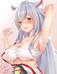  1girl alcohol animal_ears arm_up armpits azur_lane bangs blush breasts breath brown_eyes choko_(cup) cleavage commentary_request commission cup eyebrows_visible_through_hair grey_hair hadanugi_dousa hair_between_eyes hyuuga_(azur_lane) japanese_clothes kimono kokuto_(kurousagi1210) large_breasts long_hair looking_at_viewer open_mouth sake sarashi signature skeb_commission smile solo upper_body white_kimono 