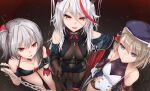  3girls aegir_(azur_lane) azur_lane bangs bare_shoulders blue_eyes bodystocking breasts breasts_apart chain cleavage covered_navel cross elbow_gloves from_above gloves grey_hair hair_between_eyes halterneck hand_on_hip hat highres iron_cross light_brown_hair long_hair looking_at_viewer medium_breasts multiple_girls nm_(tshell2761) pov red_eyes red_gloves short_hair silver_hair single_glove slit_pupils u-410_(azur_lane) whip white_gloves yellow_eyes z23_(azur_lane) 