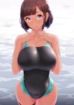  1girl backlighting bangs bare_shoulders black_swimsuit blue_swimsuit blush breasts brown_eyes brown_hair closed_mouth collarbone commentary_request cowboy_shot highleg highleg_swimsuit highres large_breasts legs_together looking_at_viewer nanahime one-piece_swimsuit original revision short_hair smile solo standing swimsuit thighs two-tone_swimsuit wading water wet wet_clothes wet_swimsuit 
