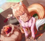  1girl absurdres animal_ears apple bag bangs breasts cart dos_(ehgns007kr) fang food fruit highres holo long_hair long_sleeves looking_at_viewer orange_hair pouch red_eyes smile solo spice_and_wolf tail very_long_hair wheat wolf_ears wolf_girl wolf_tail 