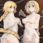  2girls absurdres arms_behind_back ass bandages blonde_hair blue_eyes bound braid breasts commentary dual_persona fate/apocrypha fate_(series) gag headpiece highres improvised_gag jeanne_d&#039;arc_(fate) jeanne_d&#039;arc_(fate/apocrypha) kaddo long_braid long_hair medium_breasts multiple_girls mummification_(bound) single_braid very_long_hair wrapped_up 