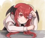  1girl ahoge black_vest blush book character_doll demon_tail demon_wings doll eyebrows_visible_through_hair eyelashes eyes_visible_through_hair hair_between_eyes head_wings juliet_sleeves koakuma long_hair long_sleeves namiki_(remiter00) patchouli_knowledge puffy_sleeves red_eyes red_hair sidelocks simple_background smile tail touhou upper_body vest white_background wings 