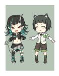  2girls animal_ear_fluff animal_ears animare bangs belt beltbra black_footwear black_gloves black_hair black_jacket black_legwear black_ribbon black_shorts black_skirt blue_belt blue_hair blue_legwear blunt_bangs blush breasts chest_belt clothing_cutout commentary_request cropped_jacket cross-laced_sleeves demon_girl demon_horns demon_tail dog_ears fang flat_chest full_body garter_straps gloves green_background green_eyes green_legwear grey_skirt hashiba_natsumi_(animare) highres horns jacket layered_skirt long_hair long_sleeves looking_at_viewer midriff multicolored_hair multiple_girls navel neck_ribbon open_clothes open_jacket open_mouth partially_fingerless_gloves pointy_ears red_eyes ribbon rose22 shishio_chris shoes short_hair shorts shoulder_cutout simple_background single_thighhigh skirt small_breasts smile smug sneakers socks sugar_lyric tail thick_eyebrows thighhighs two-tone_background two-tone_hair vest virtual_youtuber white_background white_vest zipper_skirt 