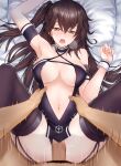  1boy 1girl arm_strap armpits arms_up ass azur_lane bangs bare_shoulders bed_sheet black_choker black_legwear black_panties blush breasts brown_eyes brown_hair censored center_opening choker cleavage clothed_female_nude_male clothed_sex clothing_aside clothing_cutout collarbone commentary_request cowboy_shot criss-cross_halter dark-skinned_male dark_skin earrings erection eyebrows_visible_through_hair garter_straps hair_between_eyes hajika halterneck hand_up hetero highres jewelry long_hair looking_at_viewer lying male_pubic_hair medium_breasts missionary mosaic_censoring motion_lines navel navel_cutout nude on_back on_bed open_mouth panties panties_aside pelvic_curtain penis pillow pov presenting pubic_hair pussy_juice race_queen sex side_ponytail sidelocks skindentation solo_focus spread_legs thighhighs torso_grab trembling underwear vaginal very_long_hair wrist_cuffs zuikaku_(azur_lane) zuikaku_(the_wind&#039;s_true_name)_(azur_lane) 