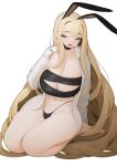  1girl animal_ears barefoot blonde_hair blue_eyes blush cameltoe commentary dated_commentary eyebrows_visible_through_hair eyelashes fang half-closed_eyes kneeling long_hair mole mole_under_eye navel open_mouth original rabbit_(wlsdnjs950) rabbit_ears rabii simple_background skin_fang sleeves_past_wrists smile solo tongue very_long_hair white_background 