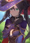  1girl :t absurdres bangs black_choker black_gloves black_hair blue_sleeves blurry blurry_background breasts cape choker cleavage darkzmonsty day floating_hair genshin_impact gloves grass green_eyes hair_between_eyes hat highres long_hair looking_at_viewer medium_breasts mona_(genshin_impact) multicolored_sleeves outdoors purple_cape purple_headwear purple_sleeves solo twintails upper_body very_long_hair witch_hat 