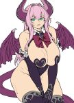  1girl aqua_eyes bangs bare_hips bare_shoulders blush bow breastless_clothes breasts cattleya_(houtengeki) demon_girl demon_horns demon_tail demon_wings detached_collar elbow_gloves flat_color gloves hair_intakes heart_pasties highleg highleg_leotard highres horns houtengeki large_breasts leotard long_hair looking_at_viewer open_mouth original pasties pink_hair pointy_ears purple_gloves purple_leotard sidelocks smile solo sweat tail thighhighs thighs wings 