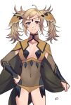  1girl absurdres ahoge alternate_hairstyle ass_visible_through_thighs bangs blonde_hair bodystocking breasts bridal_gauntlets cape closed_mouth covered_navel fire_emblem fire_emblem_fates fire_emblem_heroes gold_panties grey_eyes highres holding holding_cape holding_clothes looking_at_viewer medium_breasts ophelia_(fire_emblem) panties runteya solo thighs turtleneck twintails underwear upper_body yellow_panties 