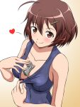  1girl blue_swimsuit blush brave_witches breasts brown_eyes brown_hair cleavage cleavage_storage closed_mouth collarbone covered_navel fp-45_liberator from_above gun hair_ornament hairclip handgun heart hiro_yoshinaka karibuchi_hikari looking_at_viewer looking_up medium_breasts one-piece_swimsuit shiny shiny_hair shiny_skin short_hair smile solo swimsuit upper_body weapon world_witches_series 