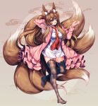 1girl absurdres animal_ear_fluff animal_ears arm_behind_head artist_name black_bow black_legwear blush bow breasts brown_hair cardigan circle cleavage commission fluffy fox_ears fox_girl fox_tail frills full_body green_eyes highres large_tail long_hair looking_at_viewer medium_breasts multiple_tails open_cardigan open_clothes open_mouth original pink_cardigan plushmallow sasucchi95 smile solo standing striped striped_legwear tail thighhighs watermark 