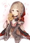  1girl :o artist_request bad_id bad_pixiv_id bangs blonde_hair character_name crepe food food_on_face highres holding holding_food long_hair long_sleeves looking_at_viewer open_mouth red_hood red_riding_hood_(sinoalice) simple_background sinoalice sitting smile solo striped striped_legwear thighhighs wariza white_background yellow_eyes 