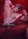  1boy abs absurdres arkapami bara black_hair greek_clothes green_eyes hades_(game) heterochromia highres large_pectorals laurel_crown leggings looking_at_viewer lying male_focus muscular muscular_male navel nipples on_back parted_lips pectorals red_eyes short_hair solo zagreus_(hades) 