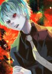  1boy absurdres bangs black_eyes black_hair black_sclera black_shirt collared_shirt colored_sclera grey_hair grey_necktie heterochromia highres kaneki_ken kyuuba_melo long_sleeves male_focus necktie open_mouth red_background red_eyes sasaki_haise shirt short_hair solo teeth tokyo_ghoul upper_body upper_teeth 