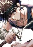  1boy absurdres bandaged_arm bandages black_hair brown_eyes eyebrows eyebrows_visible_through_hair headband hiei_(yu_yu_hakusho) highres holding holding_sword holding_weapon jewelry looking_at_viewer male_focus necklace serious spiked_hair sword twitter_username upper_body weapon white_background white_hair white_headband yu_yu_hakusho yuu_(masarunomori) 