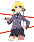  1girl black_necktie black_ribbon black_skirt blonde_hair blue_eyes blush closed_mouth contrapposto eyebrows_visible_through_hair hair_ribbon highres holding holding_knife kill_me_baby knife long_hair long_sleeves looking_at_viewer necktie pleated_skirt ribbon skirt solo sonya_(kill_me_baby) twintails yachima_tana 