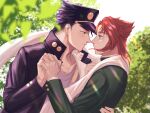  2boys black_hair blue_eyes blurry blurry_foreground blush collarbone earrings gakuran hand_on_own_chest hat highres holding_hands jewelry jojo_no_kimyou_na_bouken jyammi kakyoin_noriaki kujo_jotaro light_rays long_sleeves male_focus multiple_boys noses_touching outdoors pink_eyes purple_shirt red_hair school_uniform shirt stardust_crusaders stole surprised thick_eyebrows tree white_background wide-eyed yaoi 