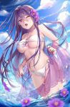  1girl ;o artist_name bangs bare_shoulders bikini blue_sky breasts cloud collarbone cuts day doki_doki_literature_club eyebrows_visible_through_hair flower hair_between_eyes hair_flower hair_ornament highres injury large_breasts long_hair looking_at_viewer navel o-ring o-ring_bikini one_eye_closed open_mouth outdoors potetos7 purple_eyes purple_hair sarong scar sky solo swimsuit twitter_username very_long_hair water water_drop white_bikini wince yuri_(doki_doki_literature_club) 