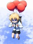  1girl balloon black_necktie black_ribbon black_skirt blonde_hair blue_eyes cloud cloudy_sky hair_ribbon highres kill_me_baby long_hair long_sleeves necktie nervous parted_lips pleated_skirt ribbon shaded_face skirt sky solo sonya_(kill_me_baby) sweatdrop teeth twintails yachima_tana 