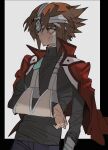  1boy arm_sling bandage_over_one_eye bandaged_head bandages black_shirt broken_arm brown_eyes brown_hair cocaduel duel_academy_uniform_(yu-gi-oh!_gx) highres injury jacket jacket_on_shoulders male_focus multicolored_hair orange_hair pants shirt short_hair solo spiked_hair turtleneck two-tone_hair yu-gi-oh! yu-gi-oh!_gx yuuki_juudai 