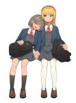  2girls backpack backpack_removed bag black_legwear blonde_hair blue_jacket brown_footwear closed_eyes closed_mouth collared_shirt dress drooling eyebrows_visible_through_hair full_body green_eyes grey_dress grey_hair hairband heanna_sumire holding_hands jacket kneehighs loafers long_sleeves love_live! love_live!_superstar!! multiple_girls namgic neck_ribbon pinafore_dress red_hairband red_ribbon ribbon shirt shoes short_hair simple_background sleeping smile tang_keke thighhighs white_background white_legwear white_shirt yuri 