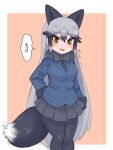  1girl animal_ears aramaru bangs black_legwear black_shirt black_skirt blazer blue_jacket blush bow bowtie brown_eyes commentary eyebrows_visible_through_hair fang fox_ears fox_tail fur-trimmed_sleeves fur_collar fur_trim grey_hair hand_on_own_ass highres jacket kemono_friends long_hair long_sleeves looking_at_viewer miniskirt necktie open_mouth outside_border pantyhose pink_background pleated_skirt shirt silver_fox_(kemono_friends) skirt smile solo standing sweatdrop tail translated very_long_hair 