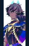  1boy arjuna_(fate) arjuna_alter_(fate) armlet bangs black_border black_gloves black_hair black_shirt blue_capelet blue_horns border capelet chain closed_mouth dark-skinned_male dark_skin dashijiru fate/grand_order fate_(series) film_grain gloves glowing_horns gold_chain gold_trim grey_eyes hair_between_eyes hand_up highres horns indian_clothes looking_at_viewer male_focus pillarboxed shirt short_hair simple_background sleeveless solo upper_body vambraces white_background 
