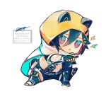  1boy :&lt; animal_hood apex_legends arm_support cape chibi cosplay fingerless_gloves gloves hair_between_eyes hair_ornament holding holding_weapon holostars hood hood_up hotate_rayan kanade_izuru kunai lightning_bolt_hair_ornament lightning_bolt_symbol multicolored_eyes pixiv_username reddit_username sideways_glance simple_background slit_pupils solo squatting twitter_username virtual_youtuber void_prowler_wraith weapon white_background wraith&#039;s_kunai wraith_(apex_legends) wraith_(apex_legends)_(cosplay) 