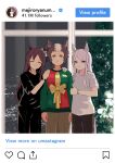  3girls :&gt; absurdres alternate_costume animal_ears black_pants black_shirt bright_pupils brown_hair brown_pants casual christmas_sweater city_lights closed_eyes hand_on_another&#039;s_shoulder highres horse_ears indoors instagram long_hair looking_at_viewer mejiro_dober_(umamusume) mejiro_mcqueen_(umamusume) mejiro_ryan_(umamusume) meme multiple_girls namesake pants parody petoka pine_tree purple_eyes ryan_reynolds_ugly_sweater_(meme) sanpaku shirt short_hair smile standing thumbs_up tree two-tone_background umamusume unamused v-shaped_eyebrows watch white_pupils white_shirt window wristwatch 