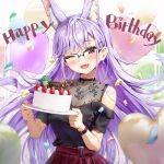  1girl ;d animal_ear_fluff animal_ears balloon bangs bare_shoulders birthday_cake black-framed_eyewear black_shirt blush breasts cake cleavage collarbone commentary_request confetti eyebrows_visible_through_hair fang food fruit glasses happy_birthday head_tilt heart_balloon highres holding holding_plate kamishiro_natsume kuria_(clear_trip_second) looking_at_viewer melty+ nail_polish one_eye_closed plate pleated_skirt purple_hair purple_nails rabbit_ears red_eyes red_skirt see-through shirt skirt small_breasts smile solo strawberry virtual_youtuber 