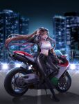  1girl :p absurdres alternate_costume artist_name bangs belt black_belt black_choker black_footwear black_jacket black_pants blurry blurry_background boots breasts brown_hair chain-link_fence choker commission crop_top doki_doki_literature_club ducati_1299_panigale_r eyewear_on_head fence full_body glint green_eyes ground_vehicle hair_ribbon high_heel_boots high_heels highres jacket long_hair long_sleeves looking_at_viewer medium_breasts midriff monika_(doki_doki_literature_club) motor_vehicle motorcycle navel night off_shoulder open_clothes open_jacket open_mouth outdoors pants ponytail potetos7 ribbon sidelocks single_bare_shoulder solo spaghetti_strap sunglasses tongue tongue_out very_long_hair watermark white_ribbon 