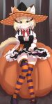  1girl alternate_costume animal_ears black_hair blonde_hair commission eyebrows_visible_through_hair halloween halloween_costume highres karekusa_meronu kemono_friends looking_at_viewer multicolored_clothes multicolored_hair multicolored_legwear orange_legwear over-kneehighs parted_lips pumpkin purple_legwear sand_cat_(kemono_friends) short_hair skeb_commission solo tail thighhighs white_hair yellow_eyes 