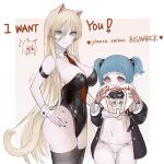  2girls absurdres animal_ears armband azur_lane bangs between_breasts bikini bikini_bottom bismarck_(azur_lane) black_jacket black_legwear black_leotard blonde_hair blue_eyes blue_hair breasts cat_ears cat_tail chinese_commentary cleavage commentary_request detached_collar english_text fang from_side gloves hair_between_eyes highres jacket kemonomimi_mode large_breasts leotard long_hair looking_at_viewer multiple_girls nail_polish necktie necktie_between_breasts open_mouth playboy_bunny playboy_bunny_leotard rae_(632230212) red_eyes red_gloves red_nails red_neckwear short_hair short_twintails smile standing strapless swimsuit tail thighhighs tube_top twintails u-556_(azur_lane) very_long_hair wrist_cuffs 