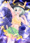  1girl ;d adapted_costume armpits bad_arm bad_perspective bad_proportions blue_eyes blush dutch_angle feet_out_of_frame green_hair groin hat heart heart_of_string horizon kaeranu_kaeru koishi_day komeiji_koishi long_hair looking_at_viewer miniskirt navel one_eye_closed reaching_out skirt smile solo third_eye touhou water 